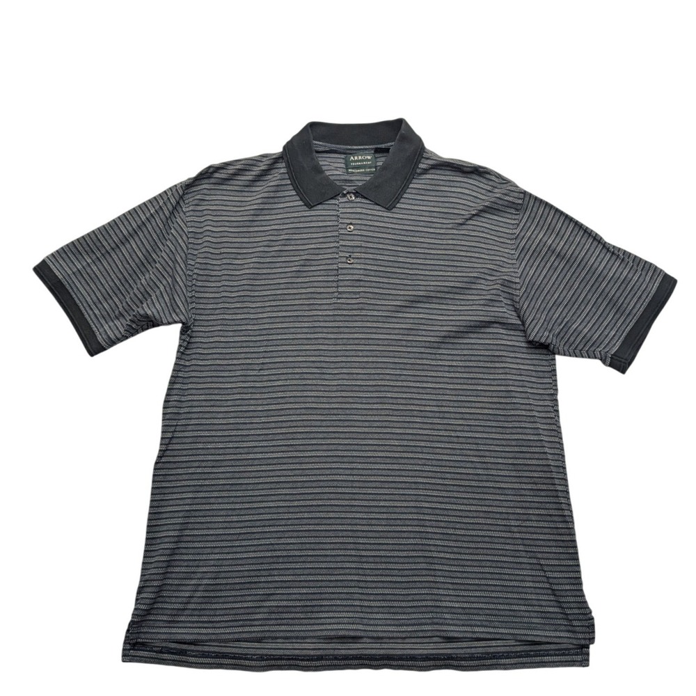 Y2K Arrow Polo Shirt Mens Large L Navy Blue Striped Mercerized Cotton Tournament